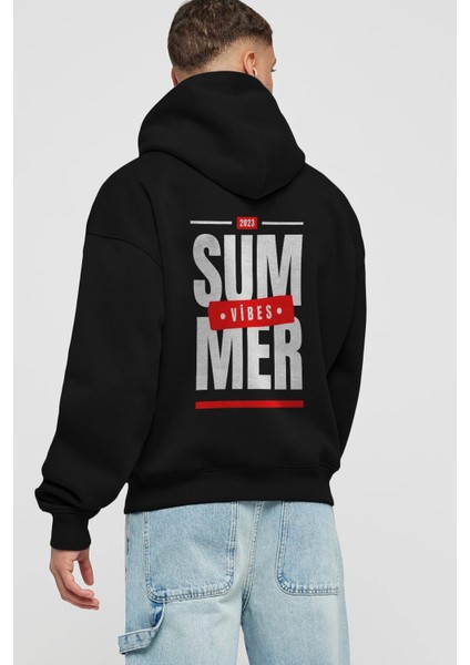 Summer Vibes 2 Arka Baskılı Siyah Oversize Kapüşonlu Sweatshirt Erkek Kadın fiyatları