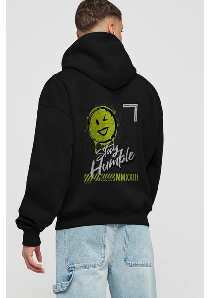Stay Humble Arka Baskılı Siyah Oversize Kapüşonlu Sweatshirt Erkek Kadın fiyatları