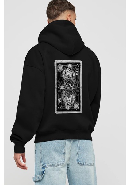 Stormtrooper Playing Card Arka Baskılı Siyah Oversize Kapüşonlu Sweatshirt Erkek Kadın