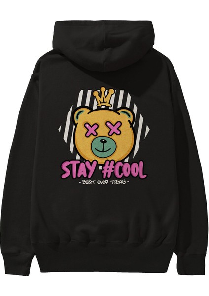 Stay Cool Bear Arka Baskılı Siyah Oversize Kapüşonlu Sweatshirt Erkek Kadın