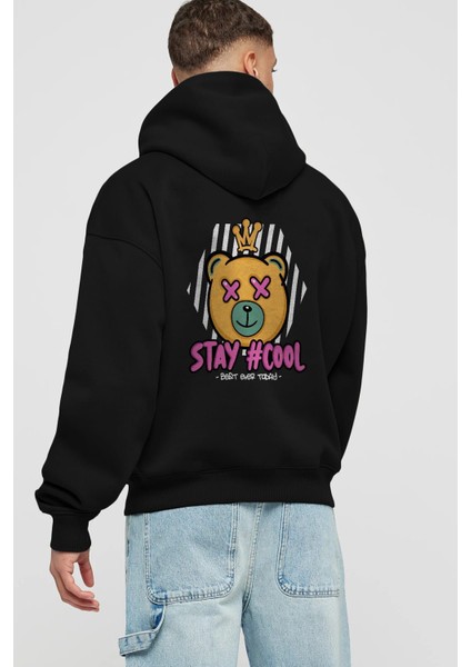 Stay Cool Bear Arka Baskılı Siyah Oversize Kapüşonlu Sweatshirt Erkek Kadın fiyatları