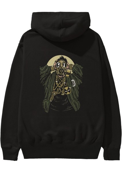 Gasmask Gangsta Arka Baskılı Siyah Oversize Kapüşonlu Sweatshirt Erkek Kadın