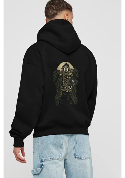 Gasmask Gangsta Arka Baskılı Siyah Oversize Kapüşonlu Sweatshirt Erkek Kadın fiyatları