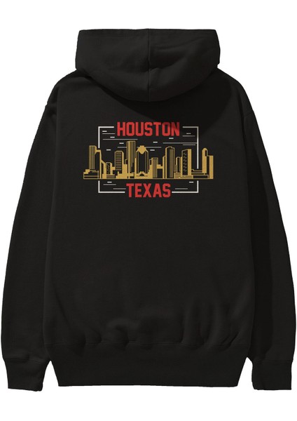 Houston Arka Baskılı Siyah Oversize Kapüşonlu Sweatshirt Erkek Kadın