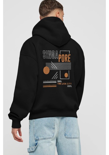 Singapore Arka Baskılı Siyah Oversize Kapüşonlu Sweatshirt Erkek Kadın fiyatları