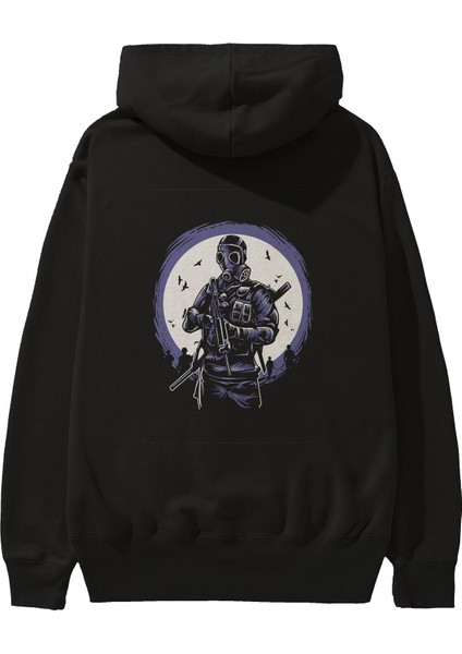 Gas Mask Soldier Arka Baskılı Siyah Oversize Kapüşonlu Sweatshirt Erkek Kadın