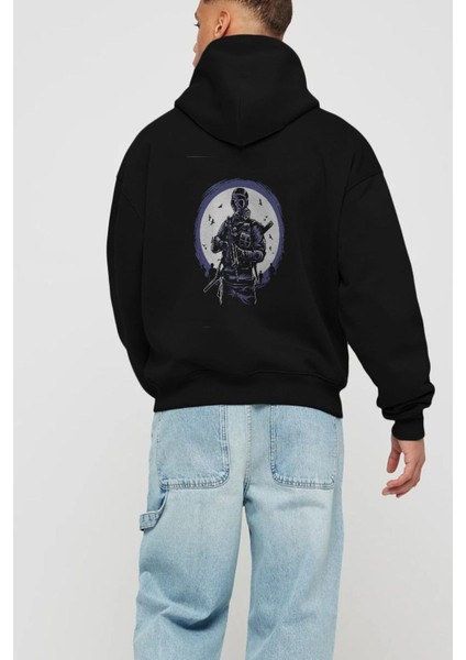 Gas Mask Soldier Arka Baskılı Siyah Oversize Kapüşonlu Sweatshirt Erkek Kadın fiyatları