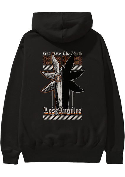 God Save The Youth Arka Baskılı Siyah Oversize Kapüşonlu Sweatshirt Erkek Kadın