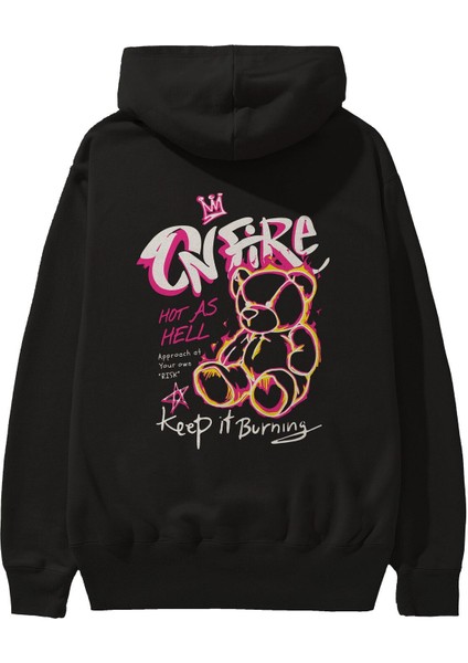 On Fire Bear Arka Baskılı Siyah Oversize Kapüşonlu Sweatshirt Erkek Kadın