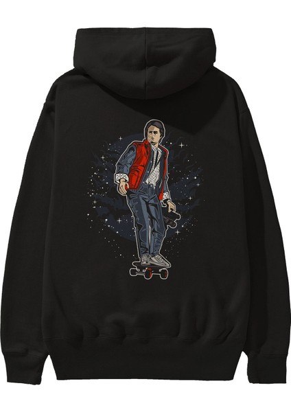 Marty Arka Baskılı Siyah Oversize Kapüşonlu Sweatshirt Erkek Kadın