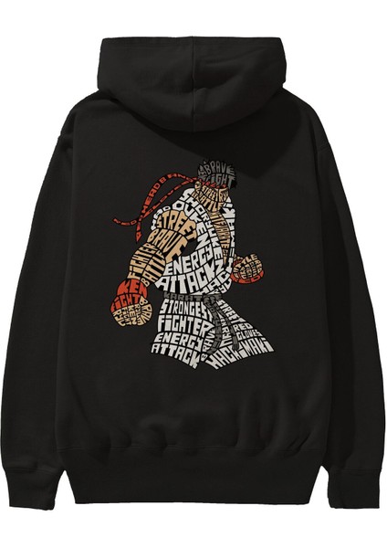 Hadouken Arka Baskılı Siyah Oversize Kapüşonlu Sweatshirt Erkek Kadın