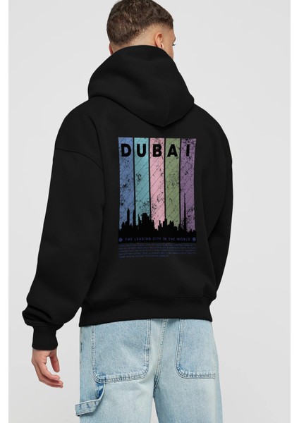 Dubai Yazılı Arka Baskılı Siyah Oversize Kapüşonlu Sweatshirt Erkek Kadın
