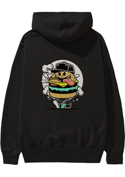 Burger Guy Arka Baskılı Siyah Oversize Kapüşonlu Sweatshirt Erkek Kadın