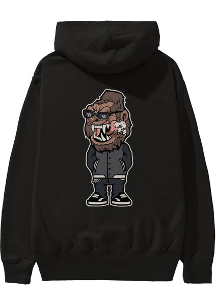 Gorilla Street Style Arka Baskılı Siyah Oversize Kapüşonlu Sweatshirt Erkek Kadın