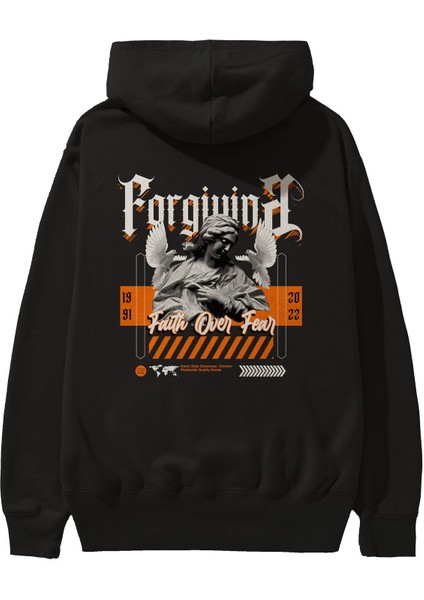 Faith Over Fear 2 Arka Baskılı Siyah Oversize Kapüşonlu Sweatshirt Erkek Kadın