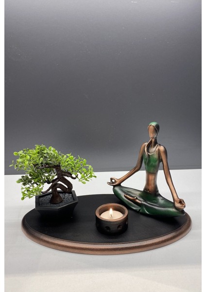 Yeşil mini ağaçlı mumluk, yoga yapan kadın figürü, polyester, 28x24 cm fiyatları