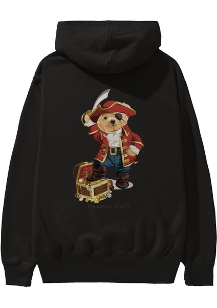 Teddy Bear Treasure Hunt Arka Baskılı Siyah Oversize Kapüşonlu Sweatshirt Erkek Kadın