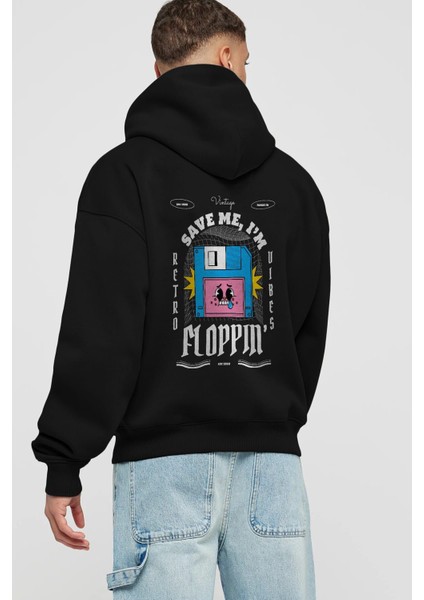 Save Me I Am Floppin Arka Baskılı Siyah Oversize Kapüşonlu Sweatshirt Erkek Kadın fiyatları
