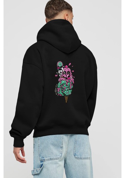 Ice Cream Zombie Arka Baskılı Siyah Oversize Kapüşonlu Sweatshirt Erkek Kadın fiyatları