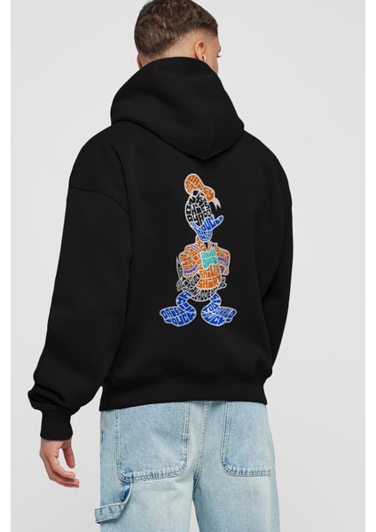 Donald Arka Baskılı Siyah Oversize Kapüşonlu Sweatshirt Erkek Kadın
