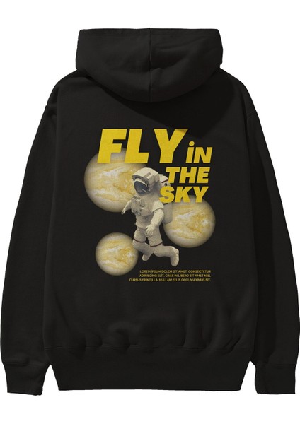 Fly In The Sky Arka Baskılı Siyah Oversize Kapüşonlu Sweatshirt Erkek Kadın