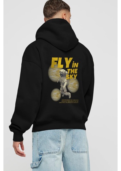 Fly In The Sky Arka Baskılı Siyah Oversize Kapüşonlu Sweatshirt Erkek Kadın fiyatları