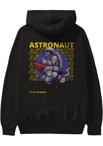 Astronaut Fly To The Moon Yazılı Arka Baskılı Siyah Oversize Kapüşonlu Sweatshirt Erkek Kadın