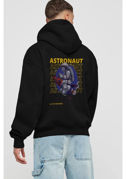 Astronaut Fly To The Moon Yazılı Arka Baskılı Siyah Oversize Kapüşonlu Sweatshirt Erkek Kadın fiyatları