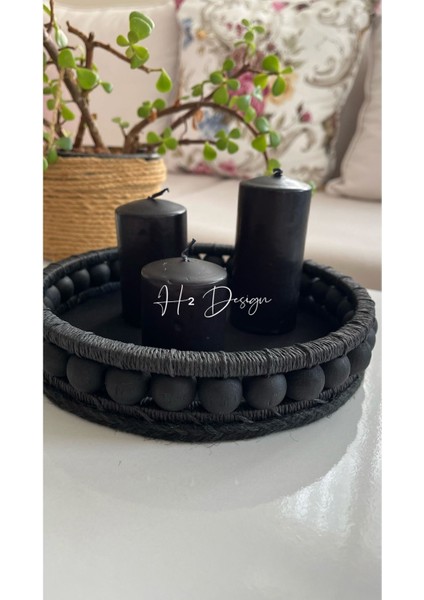El Yapımı Dekoratif Sunum Tepsisi 19-20 cm, Ahşap, Siyah