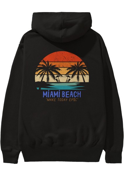 Miami Beach Yazılı Arka Baskılı Siyah Oversize Kapüşonlu Sweatshirt Erkek Kadın