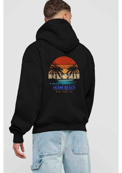 Miami Beach Yazılı Arka Baskılı Siyah Oversize Kapüşonlu Sweatshirt Erkek Kadın fiyatları