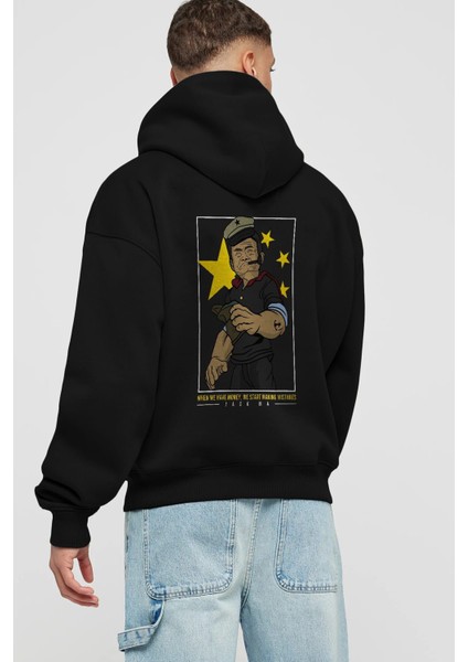 Popeye Jack Ma Arka Baskılı Siyah Oversize Kapüşonlu Sweatshirt Erkek Kadın fiyatları