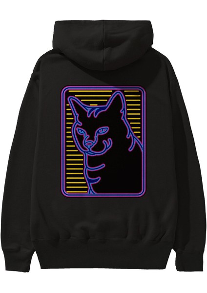 Neon Cat Arka Baskılı Siyah Oversize Kapüşonlu Sweatshirt Erkek Kadın