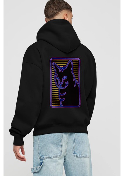 Neon Cat Arka Baskılı Siyah Oversize Kapüşonlu Sweatshirt Erkek Kadın fiyatları