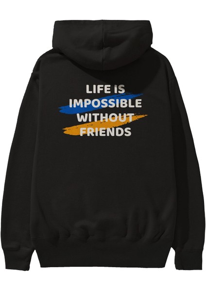 Life Is Impossible Yazılı Arka Baskılı Siyah Oversize Kapüşonlu Sweatshirt Erkek Kadın