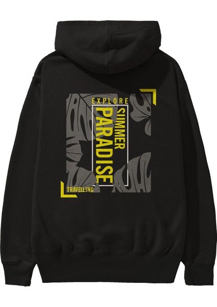Explore Summer Arka Baskılı Siyah Oversize Kapüşonlu Sweatshirt Erkek Kadın