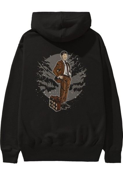 Mr Bean Arka Baskılı Siyah Oversize Kapüşonlu Sweatshirt Erkek Kadın