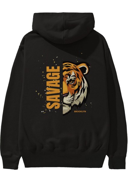 Savage Brooklyn Yazılı Arka Baskılı Siyah Oversize Kapüşonlu Sweatshirt Erkek Kadın
