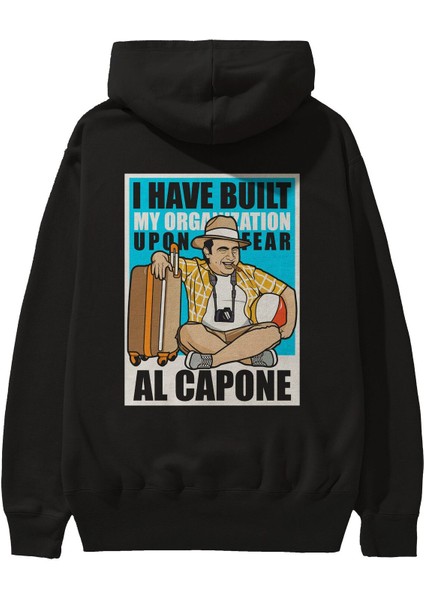 Al Capone Holiday Arka Baskılı Siyah Oversize Kapüşonlu Sweatshirt Erkek Kadın