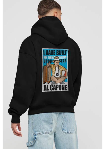 Al Capone Holiday Arka Baskılı Siyah Oversize Kapüşonlu Sweatshirt Erkek Kadın fiyatları