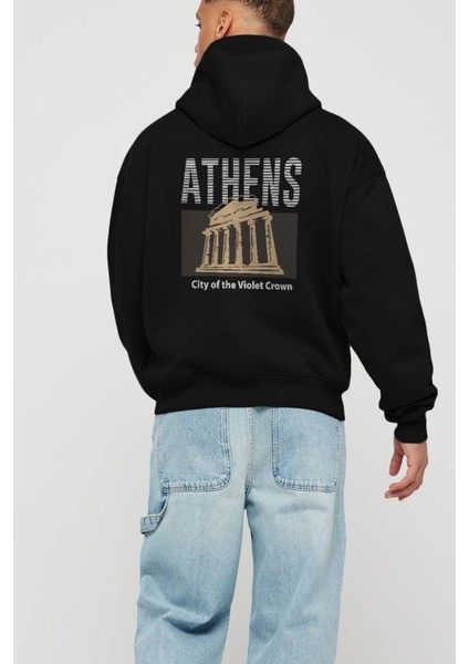 Athens Arka Baskılı Siyah Oversize Kapüşonlu Sweatshirt Erkek Kadın fiyatları