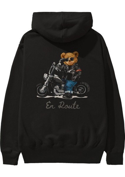 Teddy Bear En Route Arka Baskılı Siyah Oversize Kapüşonlu Sweatshirt Erkek Kadın