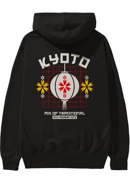 Kyoto Mix Traditional Modern Arka Baskılı Siyah Oversize Kapüşonlu Sweatshirt Erkek Kadın
