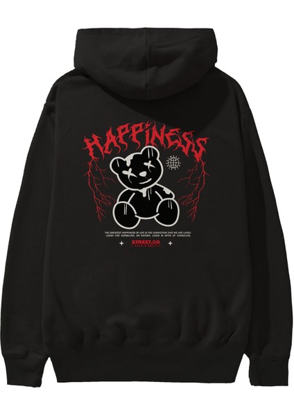 Happiness Bear Arka Baskılı Siyah Oversize Kapüşonlu Sweatshirt Erkek Kadın