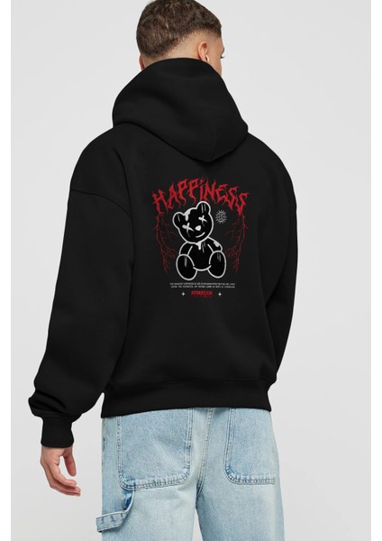 Happiness Bear Arka Baskılı Siyah Oversize Kapüşonlu Sweatshirt Erkek Kadın fiyatları