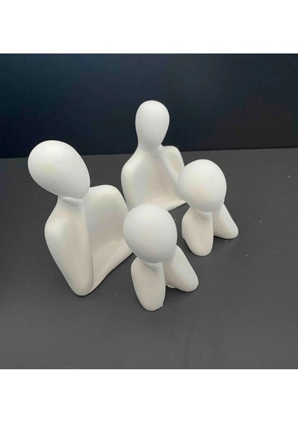 Dekoratif İki Çocuklu Aile Obje Biblo Heykel, 8x8 cm, Beyaz, Taş Tozu Malzeme