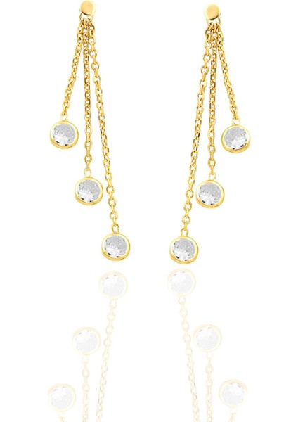 Gümüş Altın Yaldızlı Zirkon Taşlı Zincir Işıltısı Küpe SGTL12664GOLD