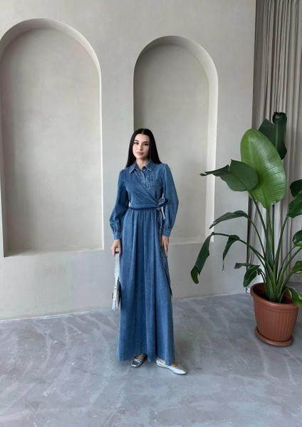 Premium Kalite Yandan Bağlamalı Denim Kot Elbise Tesettür Jean Elbise fiyatları