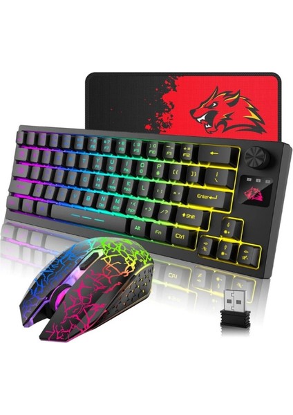 T50 Kablosuz Işıklı Klavye Mouse Set Rainbow Aydınlatmalı Mousepad Hediyeli