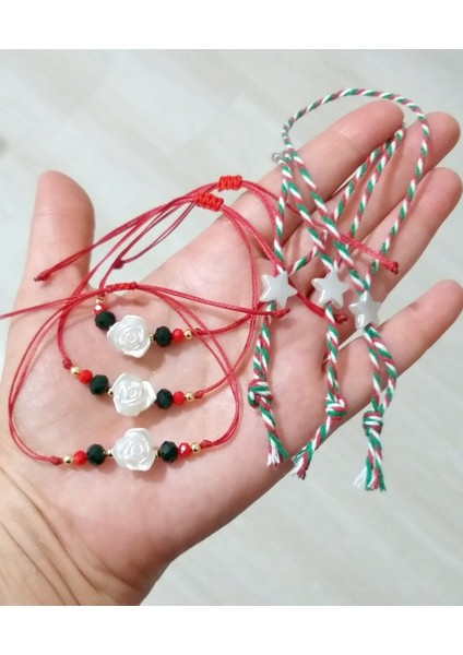 Üç Adet Gül Bileklik ve Üç Adet Yıldızlı Yılbaşı Marteniçka Bileklik